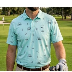 Travis Mathew Mens Aqua Desert Print Golf Polo Shirt Cactus Skull Mint Large